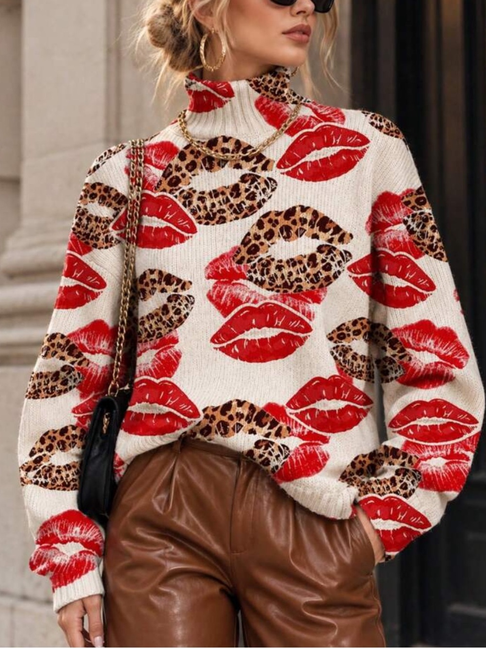 Luxe Lips Leopard Print Cowl Neck Knit Top Sweater
